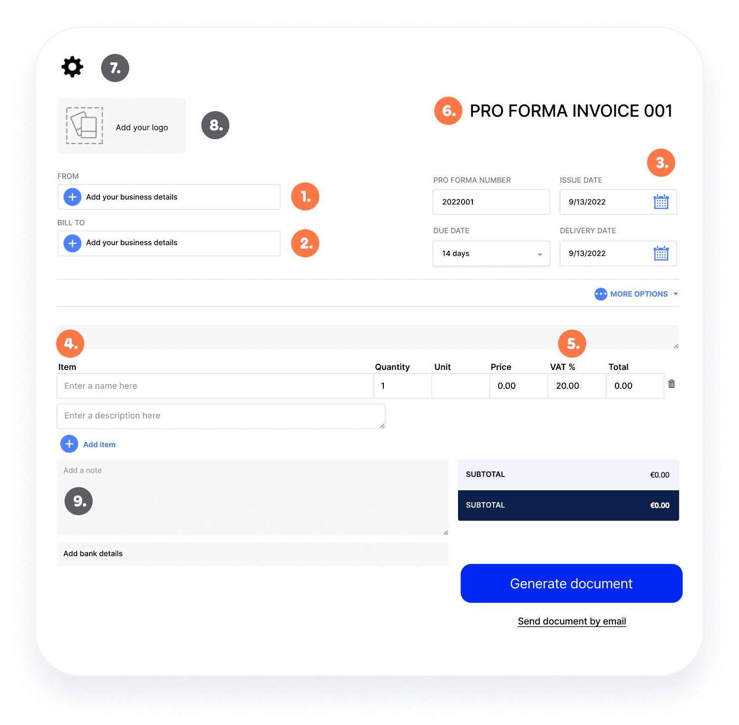 Billdu pro forma invoice generator inputs explained